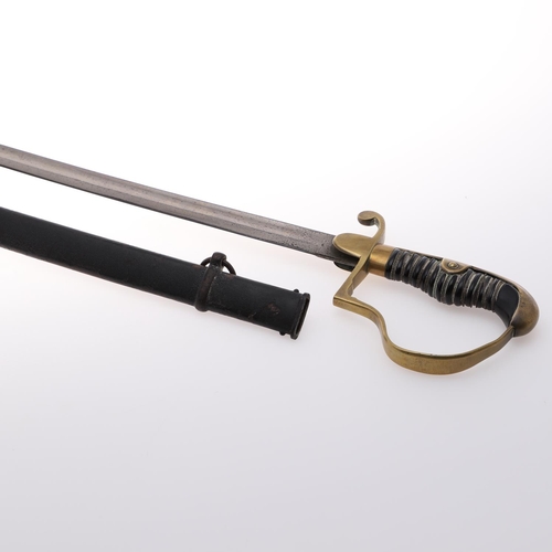 63 - A GERMAN ARTILLERY OFFICERS SWORD AND SCABBARD. With a 71cm pointed blade with sharpened edge and fu... 