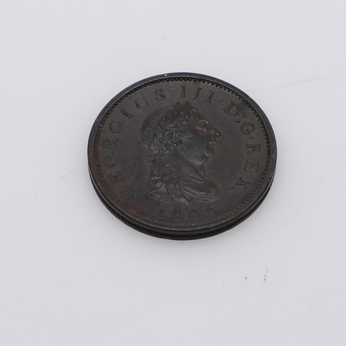 551 - A GEORGE III PENNY, 1806. A George III Penny, fourth issue, Soho Mint, laureate bust r. Reverse seat... 