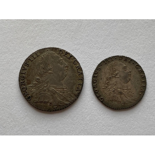 552 - A GEORGE III SHILLING AND SIMILAR SIXPENCE. A George III Shilling dated 1787. Older laureate and dra... 