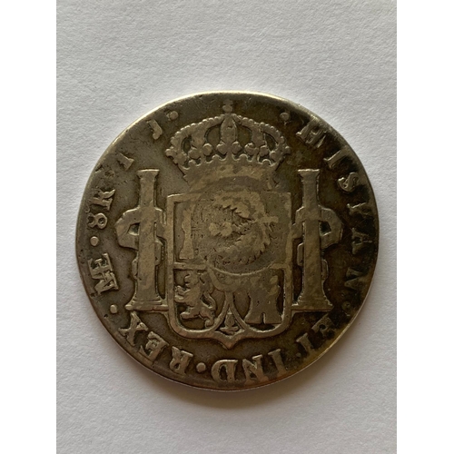 553 - A THISTLE BANK OVERSTAMPED MEXICAN 8 REALES COIN. A Mexican 8 Reales coin, Charles IV, r, Crowned sh... 