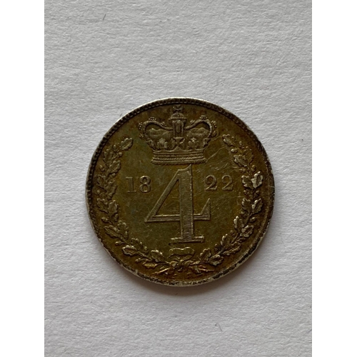 554 - A GEORGE IV FOUR PENCE DATED 1822. A George IV 4d, laureate bust l, 4 beneath a crown reverse, dated... 