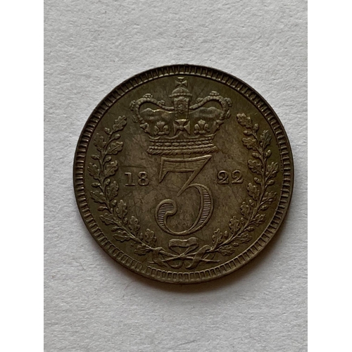 555 - A GEORGE IV THREEPENCE. A George IV Threepence dated 1822, small head, with proof like fields.  *CR:... 