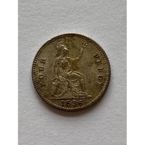 557 - A WILLIAM IV GROAT, 1836. A William IV Groat, bare head, r, Britannia seated, dated 1836.  *CR:  Nic... 