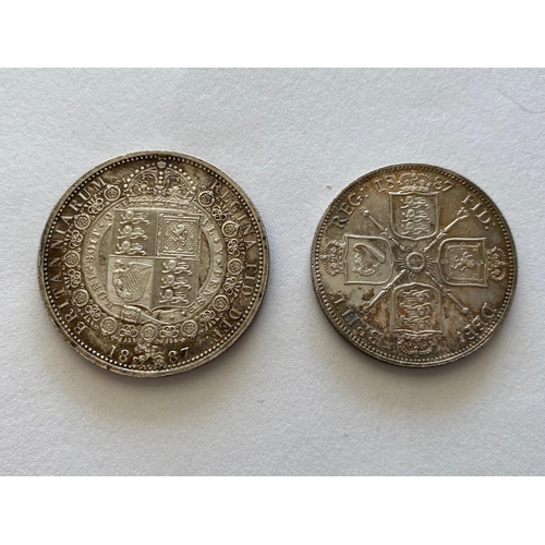 567 - A QUEEN VICTORIA HALFCROWN AND FLORIN, 1887. A Queen Victoria Halfcrown, Jubilee bust l. shield in g... 