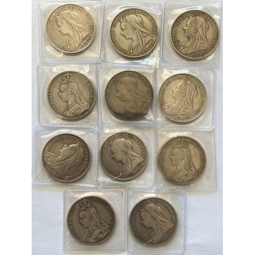 590 - A COLLECTION OF ELEVEN LATE VICTORIAN CROWNS. Queen Victoria Crowns: 1890, 1891 and 1892 Jubilee bus... 