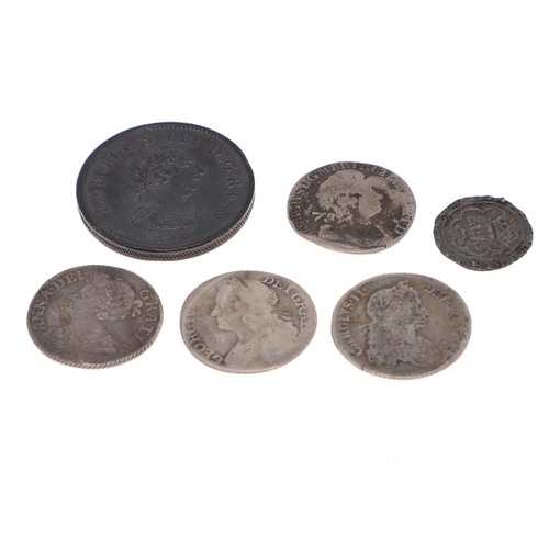 602 - A SMALL COLLECTION OF SILVER AND A GEORGE III PENNY, 1806. A hammered silver pennywith trimed border... 