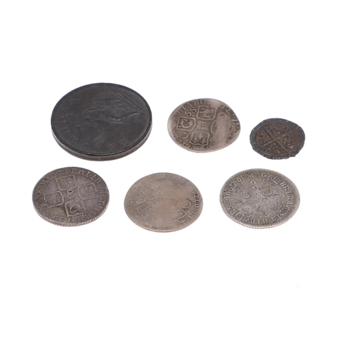 602 - A SMALL COLLECTION OF SILVER AND A GEORGE III PENNY, 1806. A hammered silver pennywith trimed border... 