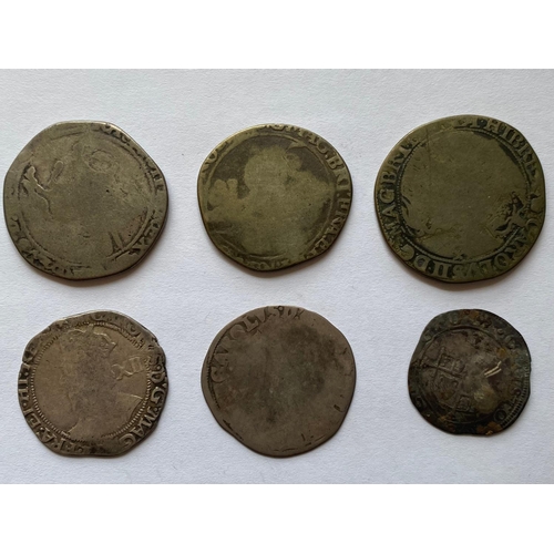 605 - SIX CHARLES I HAMMERED COINS. A Charles I Halfcrown and five others.  *CR:  All with significant wea... 