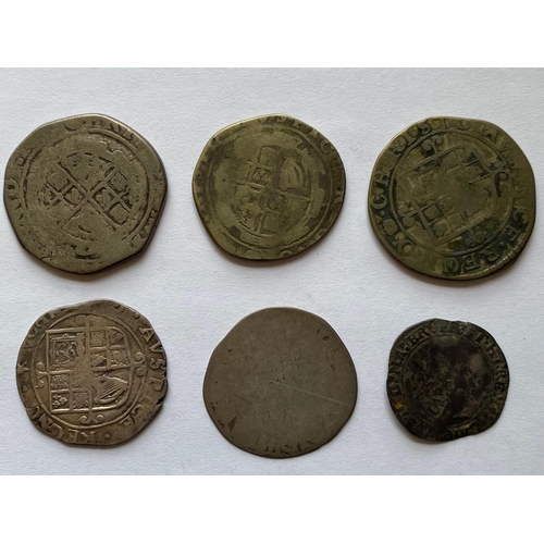 605 - SIX CHARLES I HAMMERED COINS. A Charles I Halfcrown and five others.  *CR:  All with significant wea... 