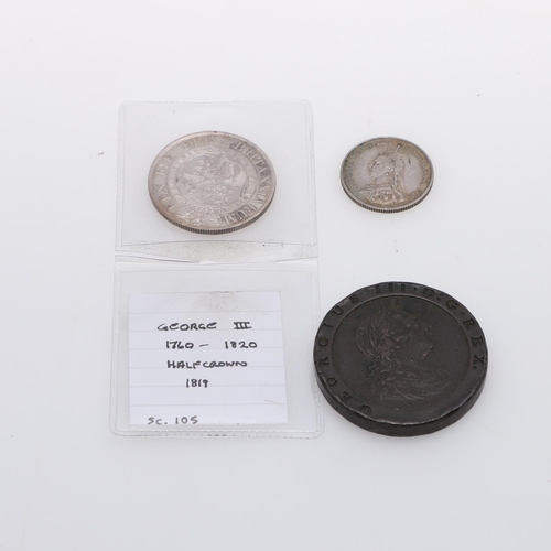 621 - GEORGE III AND LATER COINS: HALFCROWN, SHILLING AND TWOPENCE. A George III Halfcrown, small laureate... 