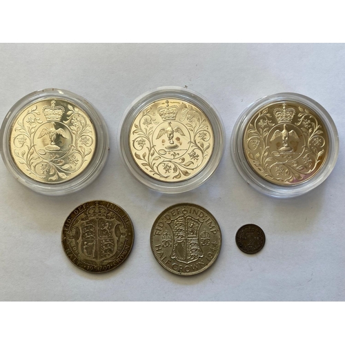 627 - A QUEEN VICTORIA MAUNDY TWO PENCE AND OTHER COINS. A Queen Victoria Maundy two pence dated 1858, Hal... 