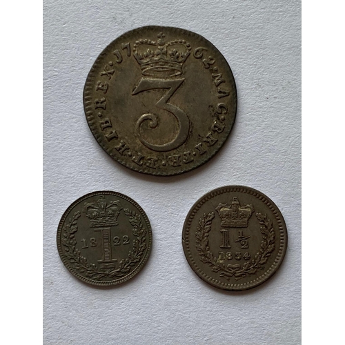 628 - GEORGE III, IV AND WILLIAM IV SMALL SILVER. A George III Threepence 1762 , young laureate draped bus... 