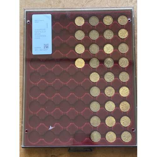 632 - A COMPLETE DATE RUN OF BRASS THREEPENCE COINS. A date run if dodecagonal three pence pieces 1937 - 1... 