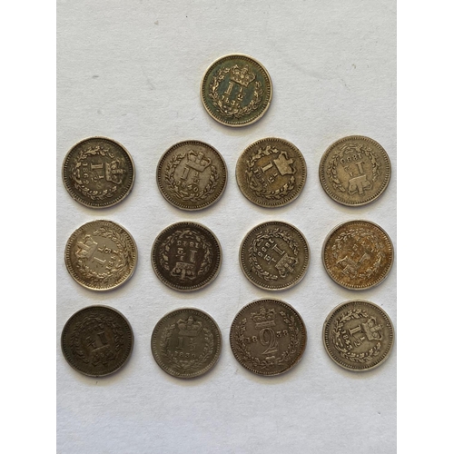 650 - A COLLECTION OF WILLIAM IV AND VICTORIAN SILVER THREE HALFPENCE. Silver three halfpence for 1834, 18... 