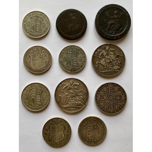 651 - GEORGE III AND LATER COINS TO INCLUDE VICTORIAN CROWNS. A small collection of coins: Victorian Crown... 