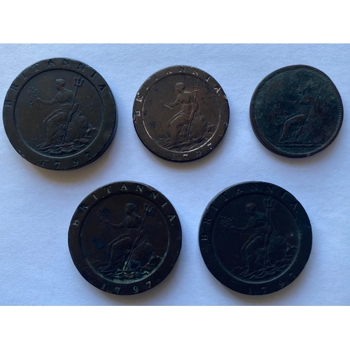 673 - GEORGE III CARTWHEEL COINS AND OTHER COPPER. Three George III 'Cartwheel' Twopence pieces dated 1797... 