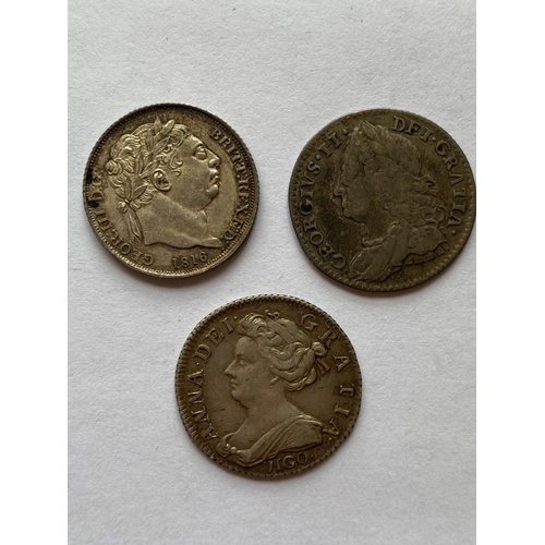 681 - A COLLECTION OF THREE SIXPENCE COINS TO INCLUDE A VIGO SIXPENCE. A collection of three Sixpence coin... 