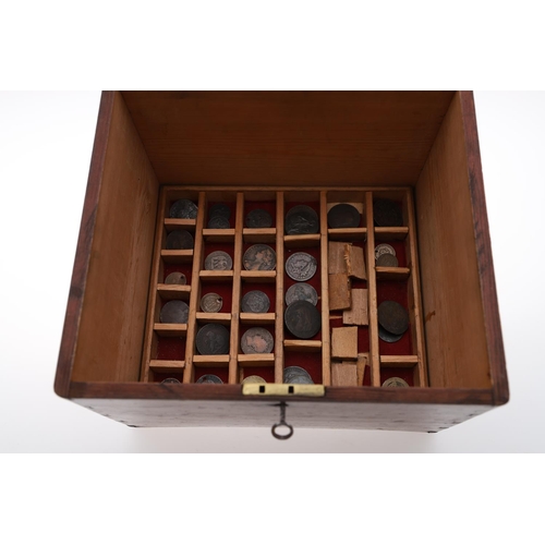 685 - A VICTORIAN COLLECTORS BOX OF GB AND WORLD COINS. A Victorian collectors box with rising lid with ce... 