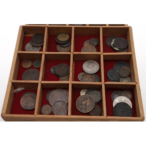 685 - A VICTORIAN COLLECTORS BOX OF GB AND WORLD COINS. A Victorian collectors box with rising lid with ce... 