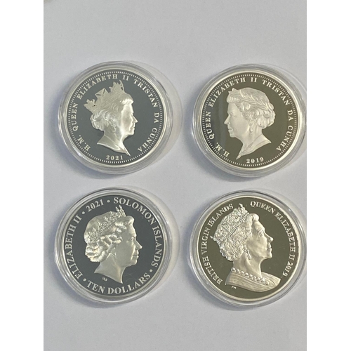 692 - FOUR JUBILEE MINT SILVER PROOF 5oz PRESENTATION COINS. Four Jubilee Mint 5oz silver coins: Tristan d... 