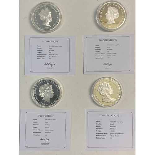 692 - FOUR JUBILEE MINT SILVER PROOF 5oz PRESENTATION COINS. Four Jubilee Mint 5oz silver coins: Tristan d... 