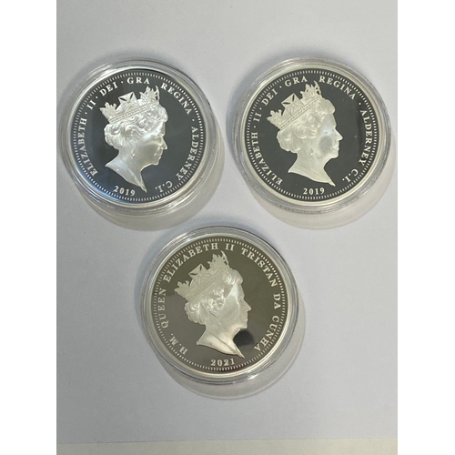 693 - THREE JUBILEE MINT PRESENTATION 5oz SILVER COINS. Three Jubille Mint 5oz silver proof coins: A 2019 ... 