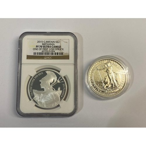 696 - A BRITANNIA MINT BRITANNIA PROOF PAIR TWO COIN SET. A two coin set comprising a 2015 £2.00 silver Br... 