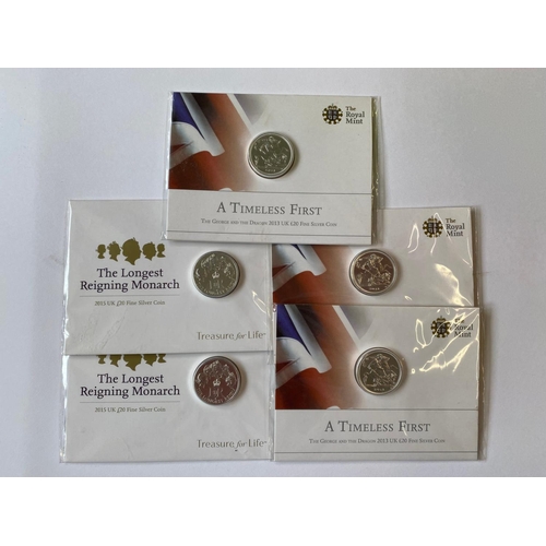 709 - FIVE ROYAL MINT SILVER £20.00 COMMEMORATIVE COINS. Three 'Timeless First' 2013 silver £20.00 coins, ... 