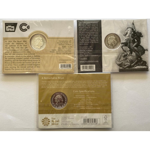 731 - THREE ROYAL MINT SILVER TWENTY POUND COINS. A Royal Mint 2013 £20.00 'George and the Dragon Fine Sil... 