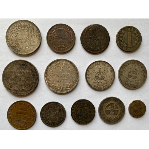 769 - A COLLECTION OF SPANISH, SOUTH AFRICAN AND OTHER COINS. A Spanish 20 Reales coin 1854, South African... 