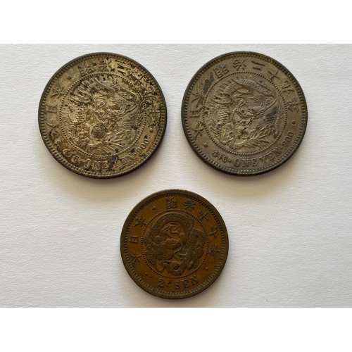 770 - TWO JAPANESE YEN, AND A 2 SEN, MEIJI. Two Japanese Yen, both marked 416 One Yen 900, and a copper 2 ... 