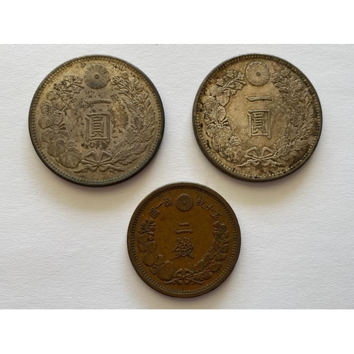 770 - TWO JAPANESE YEN, AND A 2 SEN, MEIJI. Two Japanese Yen, both marked 416 One Yen 900, and a copper 2 ... 