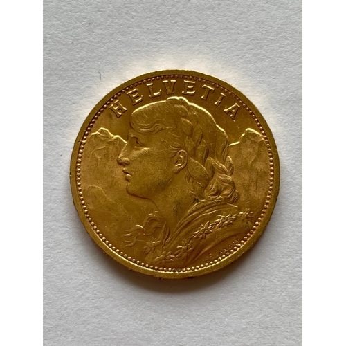 774 - A SWISS 20 FRANC GOLD COIN, 1902. A Swiss Gold 20 Franc coin, 1902, B. Bern, female head l, Swiss Cr... 