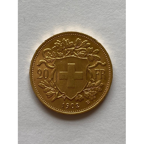 774 - A SWISS 20 FRANC GOLD COIN, 1902. A Swiss Gold 20 Franc coin, 1902, B. Bern, female head l, Swiss Cr... 