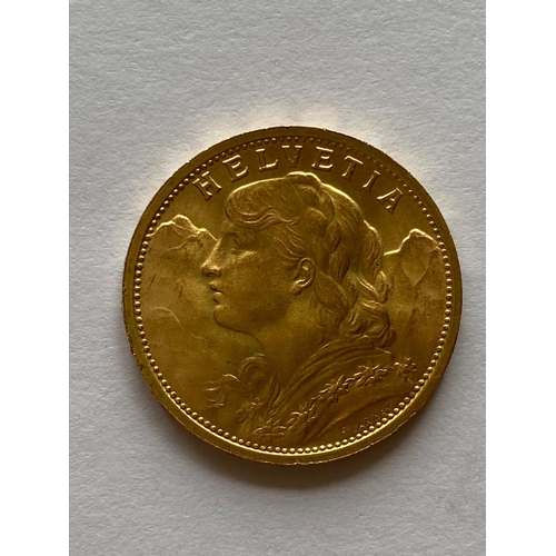 775 - A SWISS 20 FRANC GOLD COIN, 1909. A Swiss Gold 20 Franc coin, 1909, B. Bern, female head l, Swiss Cr... 