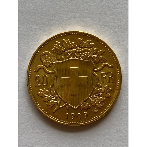 775 - A SWISS 20 FRANC GOLD COIN, 1909. A Swiss Gold 20 Franc coin, 1909, B. Bern, female head l, Swiss Cr... 