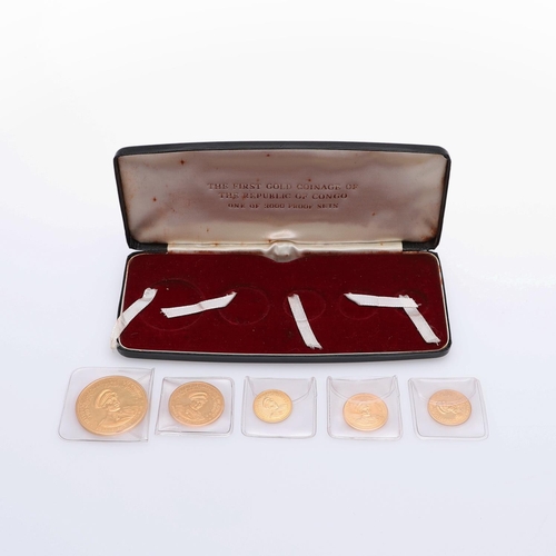 780 - THE REPUBLIC OF CONGO GOLD PROOF SET. A cased set of five coins 'The First Gold Coinage of the Repub... 