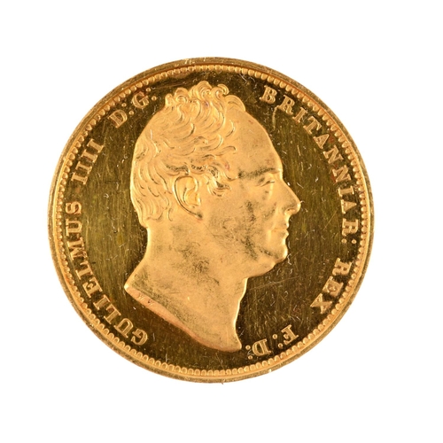 791 - A WILLIAM IV GOLD PROOF TWO POUND COIN. A William IV Proof Two Pound gold coin, bare heard r, revers... 