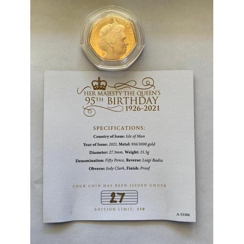 897 - A GOLD PROOF 50p QUEEN ELIZABETH II 95th BIRTHDAY COIN, 2021. A 2021 Isle of Man 95th Birthday 50p p... 