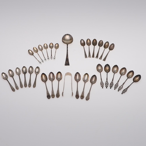 38 - MISCELLANEOUS CASED SETS:-. a reproduction Puritan spoon, a set of six tea/ coffee spoons with openw... 