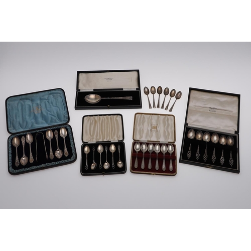 38 - MISCELLANEOUS CASED SETS:-. a reproduction Puritan spoon, a set of six tea/ coffee spoons with openw... 