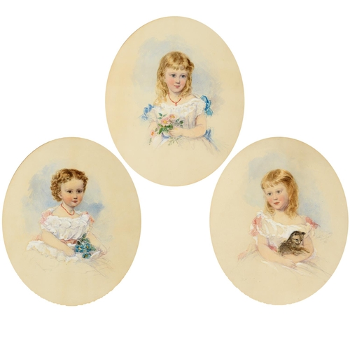 491 - CATHERINE GRAY (FL.C.1873). PORTRAITS OF THREE SISTERS. Each half length, holding flowers or a cat, ... 