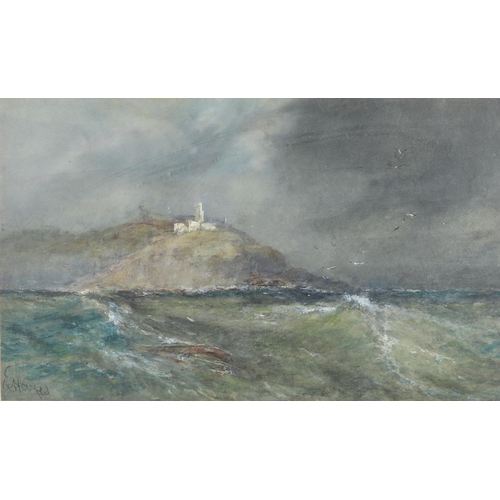 493 - EDWIN HAYES (1820-1904). COASTAL SCENE WITH A LIGHTHOUSE (MUMBLES, SWANSEA?) Signed, watercolour and... 