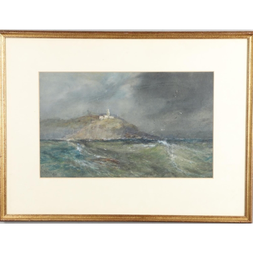 493 - EDWIN HAYES (1820-1904). COASTAL SCENE WITH A LIGHTHOUSE (MUMBLES, SWANSEA?) Signed, watercolour and... 