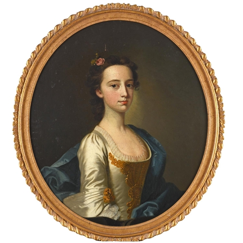 518 - THOMAS HUDSON (1701-1779). Follower of. PORTRAIT OF A YOUNG LADY. Quarter length, wearing a silver-g... 