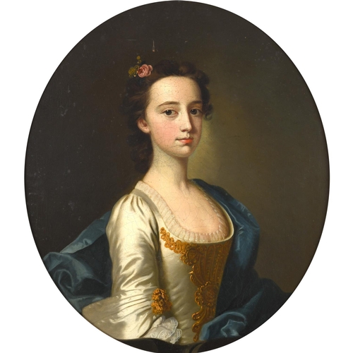 518 - THOMAS HUDSON (1701-1779). Follower of. PORTRAIT OF A YOUNG LADY. Quarter length, wearing a silver-g... 