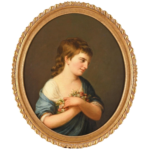 521 - ANGELICA KAUFFMANN, RA (1741-1807). After. PORTRAIT OF MISS DAYRELL. Quarter length, wearing a blue ... 