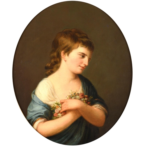 521 - ANGELICA KAUFFMANN, RA (1741-1807). After. PORTRAIT OF MISS DAYRELL. Quarter length, wearing a blue ... 