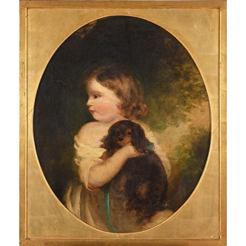 524 - SIR JOSHUA REYNOLDS, PRA (1723-1792). Follower of. PORTRAIT OF A YOUNG GIRL WITH HER PET SPANIEL. Oi... 