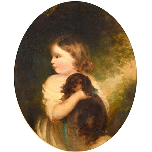 524 - SIR JOSHUA REYNOLDS, PRA (1723-1792). Follower of. PORTRAIT OF A YOUNG GIRL WITH HER PET SPANIEL. Oi... 